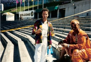 with master drummer yagbe onilu at the rehearsal for Nelson Mandela release party Jun 30. 1990
